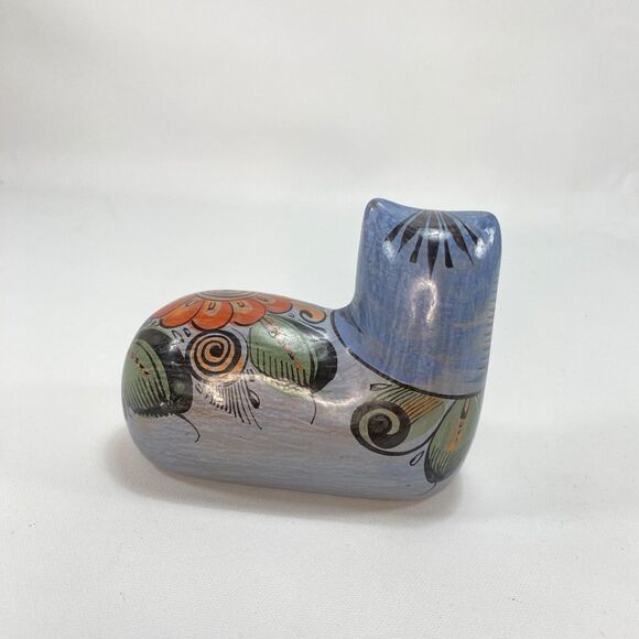 Mexican Folk Art Cat Earthen Ware Clay Figurine Hand Painted Blue Floral 5x4" - Picture 3 of 9